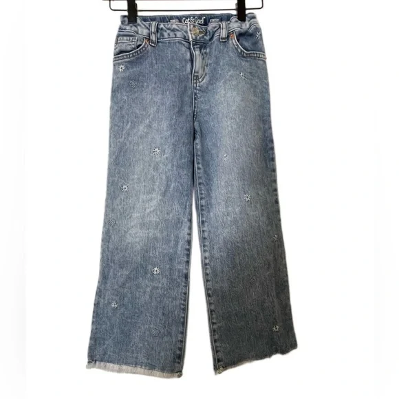 Cat & Jack Kids Light Blue Embroidered Flower Cotton Stretch Wide Leg Jeans 8