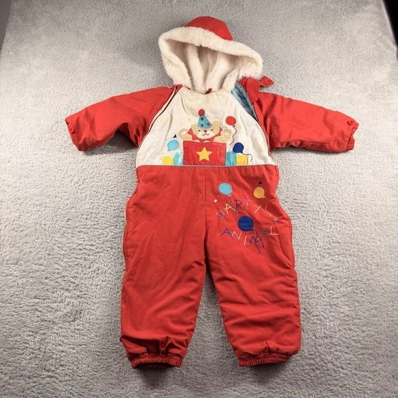 VINTAGE 80s Mighty Mac Baby Snow Suit 18 Months Red Teddy Bear Party Fur Lined