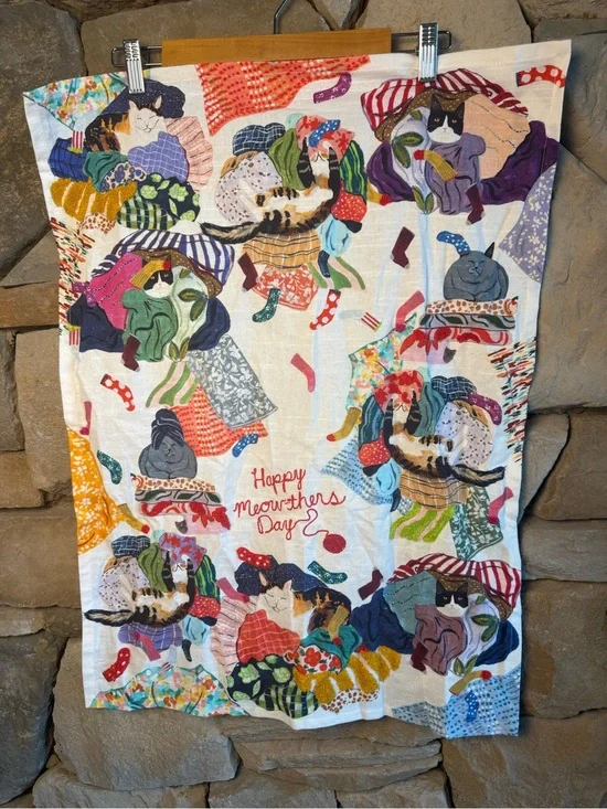 New🌟Anthropologie-Happy Meow-thers Day Cat Tea Towel - Colorful Patchwork Cats