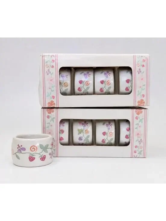 Vintage Cottagecore Strawberry Heart Napkin Rings Set Stoneware Country Bouquet