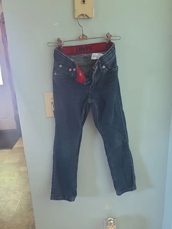 Levi's Blue Denim Straight Jeans with Red Waistband Accent