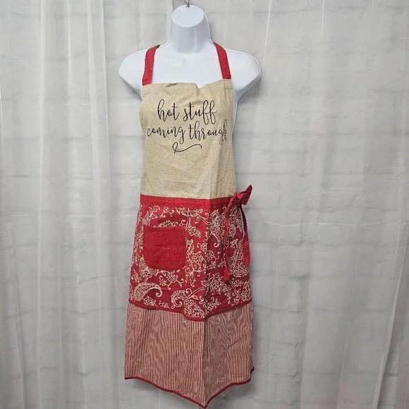 Jo Ann Fabric Tan Red Paisley Bow Apron Linen Blend Boho OSFA