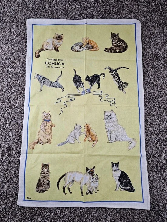 Greetings from Echuca Vic AustraliaSouvenir Teal Towel Linen Cat Print
