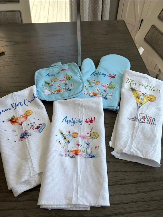 Watercolor Cocktail & Mahjong Printed Waffle Towels /Oven Mitt