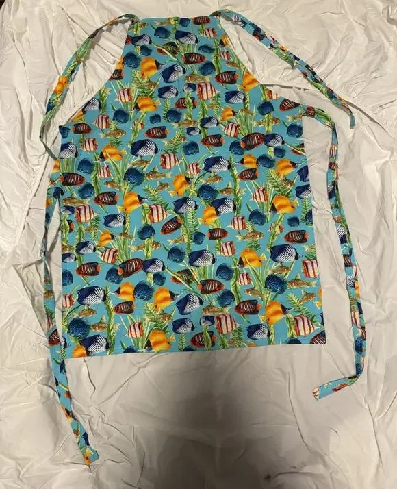 Reversible Colorful Fish , Green Design Print Tie Apron