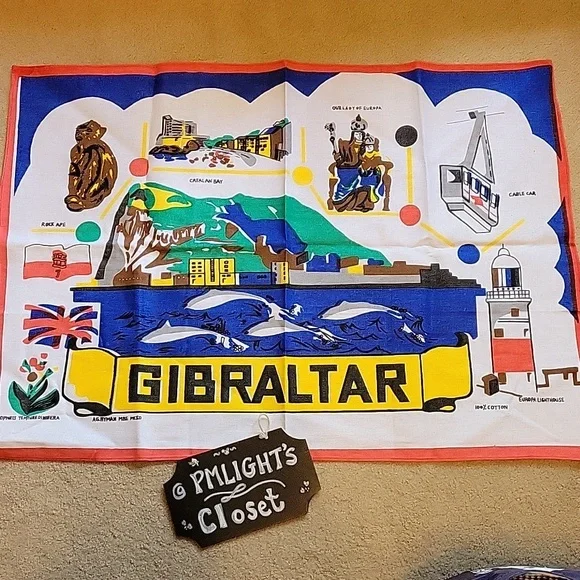 Vintage Gibraltar Tea Towel Cotton White Red Blue Yellow Brown Black