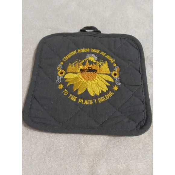 Pot Holder Trivet Sunflower RV Mountain‎ Country Roads Embroidered Quilted Gray