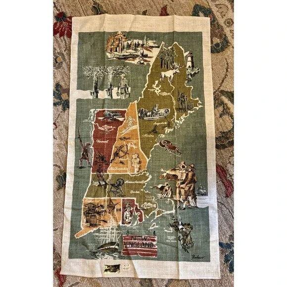Vintage Linen Tea Towel Kay Dee 100% Linen New England Map States Rhode Island