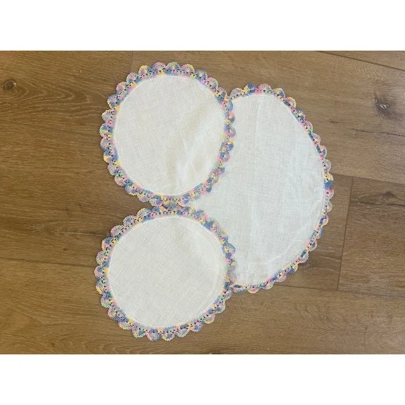 Vintage Linen Doilies Set of 3 Pastel Rainbow Crochet Lace Trim Scalloped Edge
