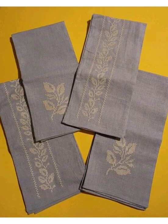 Vintage Ikea Kitchen Bath Towels Set Of 4 Blue Flower Cross Stitch Granny Core