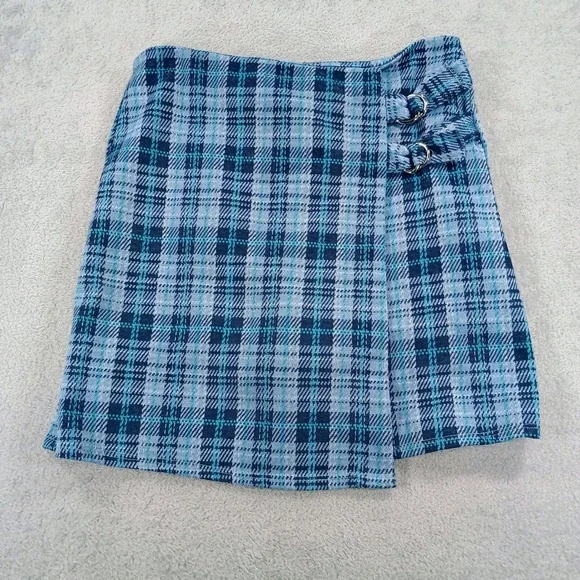 Knit Works Girls Plaid Skort Blue Medium 10-12 Side Buckle Accents