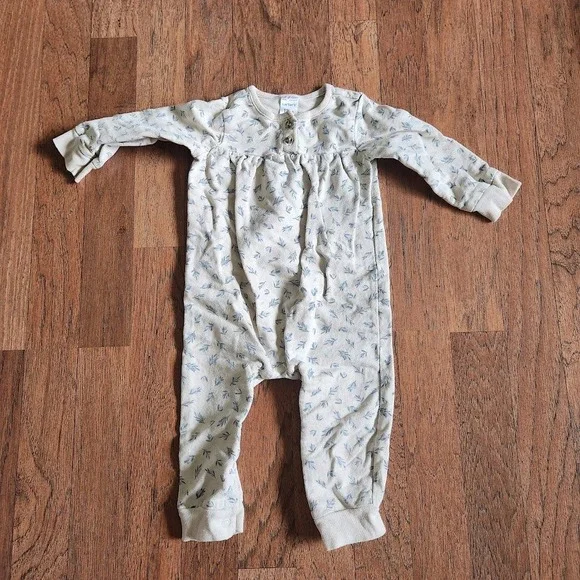 Carters Baby Girl 12M Thermal Jumpsuit Blue Leaf Print Cream Cotton Romper 496