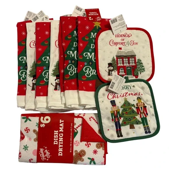 Holiday Style Christmas Kitchen Bundle Drying Mat Pot Holders Towels 11pc Set