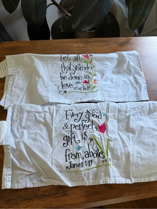 (2) religious quotes - James 1:17, 1Cor 16:14 Dish towels
