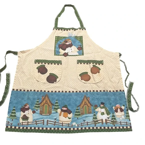 Vintage Snowman Holiday Apron Let It Snow Winter Scene Mitten Pockets Green Tan