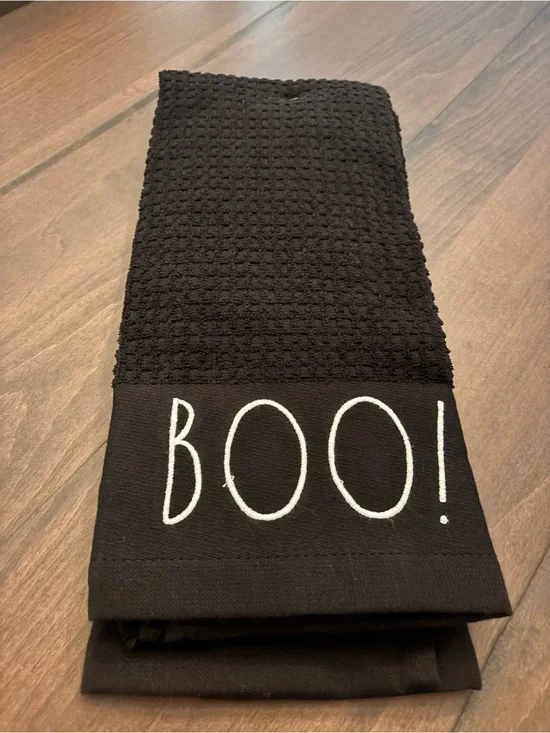 Rae Dunn Black BOO & SPOOKY Waffle Weave Kitchen Towel Set of 2