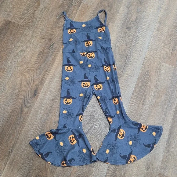 Halloween Jack-O-Lantern Witch Hat Bell Bottom Jumpsuit Grey Girls Size 120