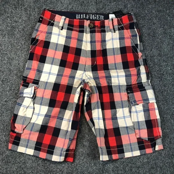 Tommy‎ Hilfiger Plaid Cargo Shorts Boys Size 16 Red White Blue Casual