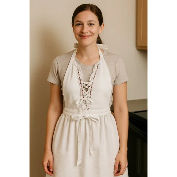 White Cottagecore Apron Halter Top Lace Up Trim Floral Embroidery Kitchen‎ Maid