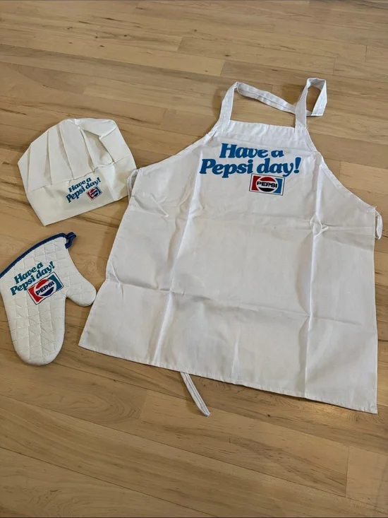 Vintage-NOS-Have A Pepsi Day! Chef Set-Apron-Hat-Oven Mitt-80s-Read