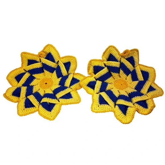 Vintage Handmade Crochet Potholders Set of 2 Yellow Navy‎ Blue Star Spiral 8.5