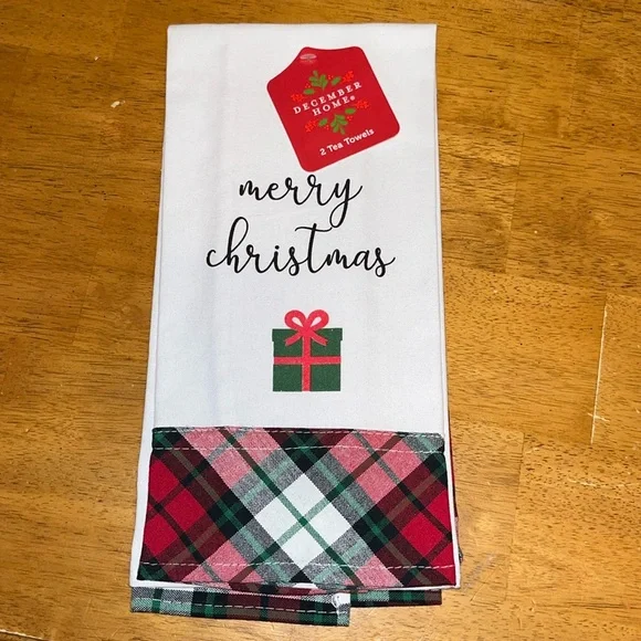 December Home 2 Pack Tea Towels Merry Christmas Plaid White 16” by 26”