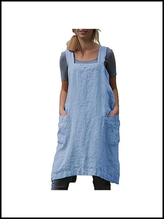 Women's Cotton Linen Cross Back Pinafore Apron with Pockets