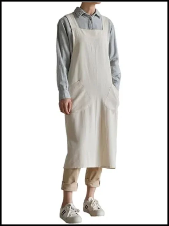 Cotton Linen Cross Back Apron with Pockets for Cooking Gardening