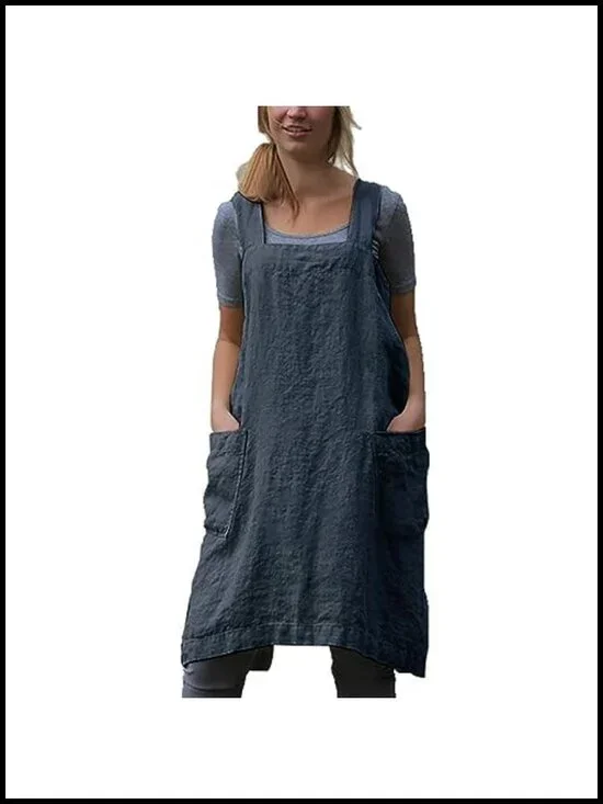 Cotton Linen Pinafore Apron Cross Back with Pockets Plus Size