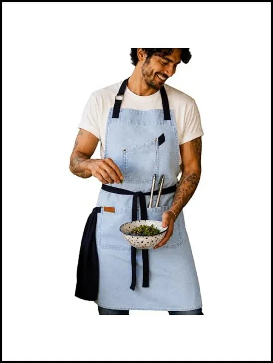 100% Cotton Denim Chef Apron with Terry Towel and 3 Pockets