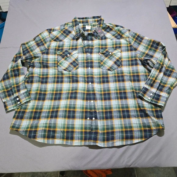 Levi's Western Shirt Men 4XL Green Plaid Long Sleeve Pearl Snap Standard Fit NWT