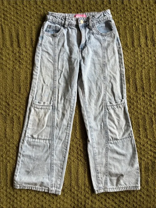 Girls Light Wash Wide Leg Jeans with Cargo Pockets