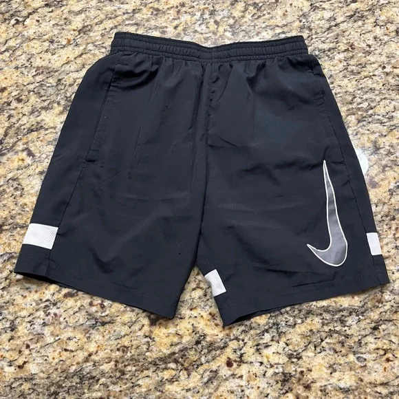 NikeBoy Dri-FIT Black Athletic Shorts Silver Swoosh Size Medium M Soccer Gym