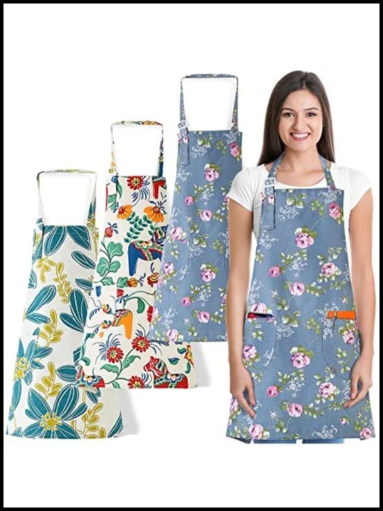 3 Pack Cotton Linen Aprons with Pockets for Cooking Baking BBQ