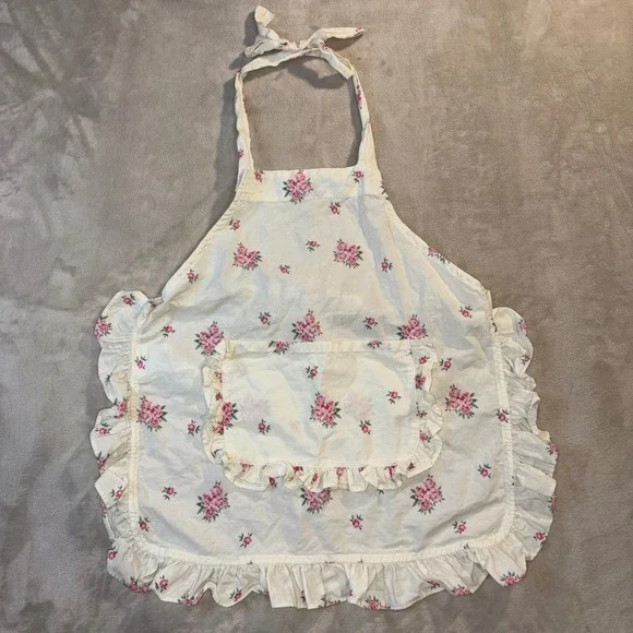 LoveShackFancy Pottery Barn Kids Floral Ruffle Cotton Apron Cream Pink One Size