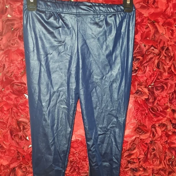 Girls Shiny Blue Leggings Size Xlarge