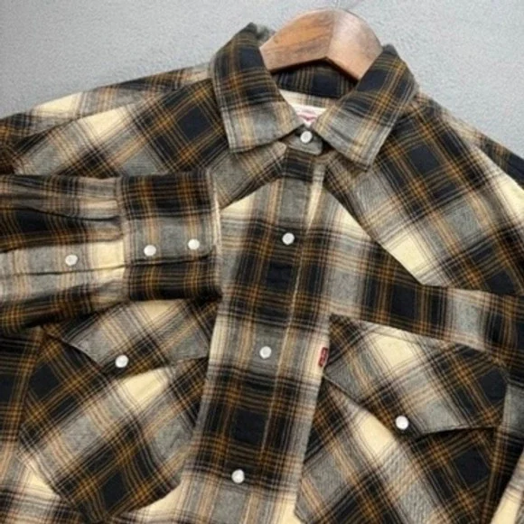 Levi Strauss Western Flannel Shirt Mens S Brown Plaid Pearl Snap Workwear Cotton