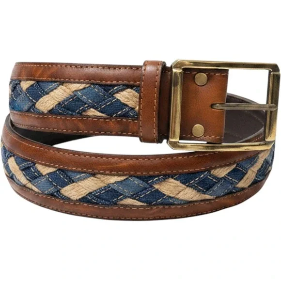 Vintage Levis Mens 34 Brown Latigo Leather Denim Jute Braided Belt Handstained