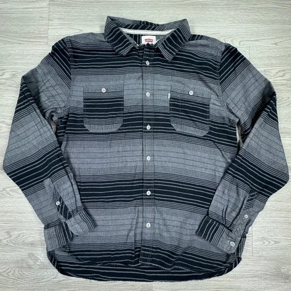Levi's Men's Button Down Shirt XXL Gray Black Striped Long Sleeve Cotton Flannel