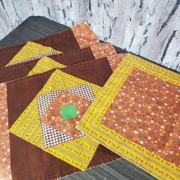 MCM Set Of 4‎ Faux Quilted Fabric Placemats - Brown Orange Yellow Floral Kitschy