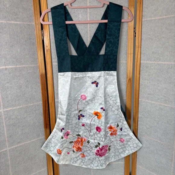 Unbranded Traditional Korean Hanbok‎ Apron One Size Teal White Floral Embroidery