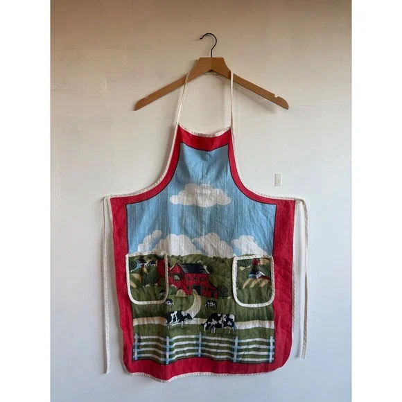 VTG Farm Scene Cotton Country Apron Red Barn Holstein Cow Cottagecore grannycore