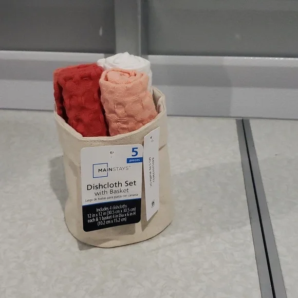 5 piece dishcloth set with‎ basket coral colors NWT