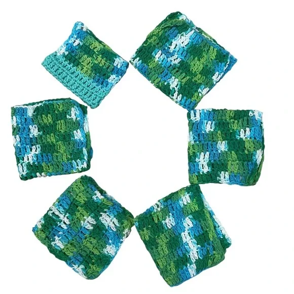 Set of Six Crocheted Homemade Dishcloths Blue Green Cushioning Old Fashioned‎