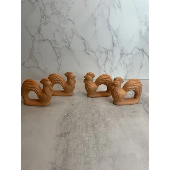 Rooster Chicken Napkin Rings Terra Cotta Clay Country Farm Set Of 4