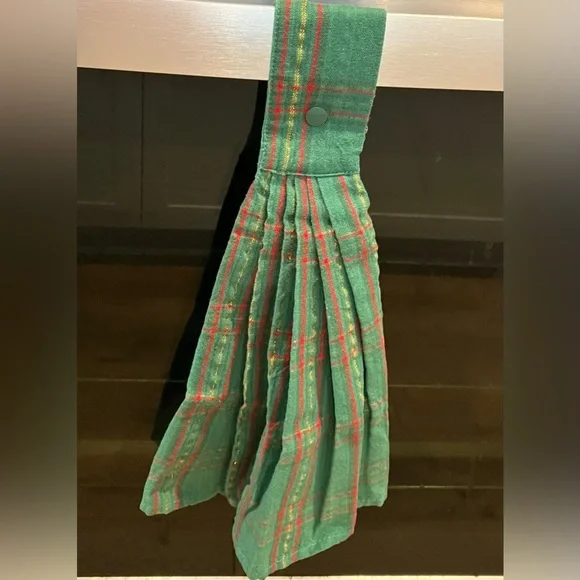 kitchen towel , green and red tartan pattern,button fastener