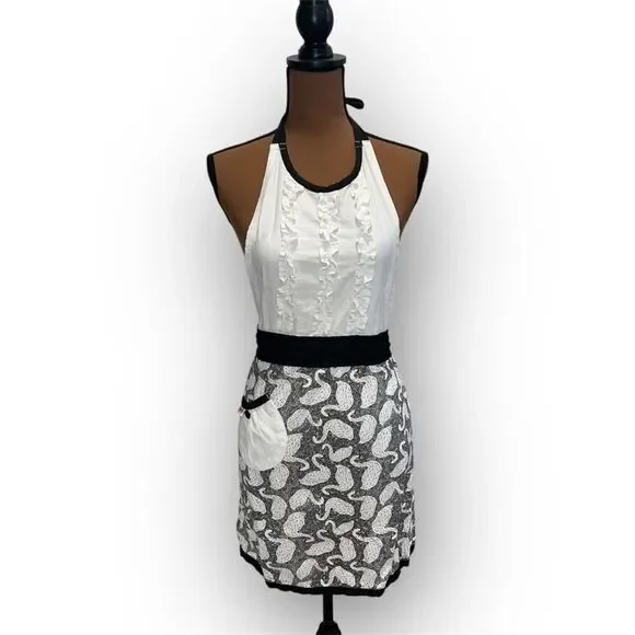 Simply Whimsical Swan Print Apron, Ruffled Bib 100% Cotton, Women’s One Size