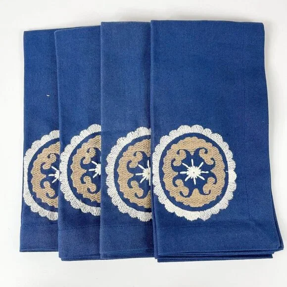 Pottery Barn Navy Blue Embroidered Cotton Napkins Set Of 4 20x20