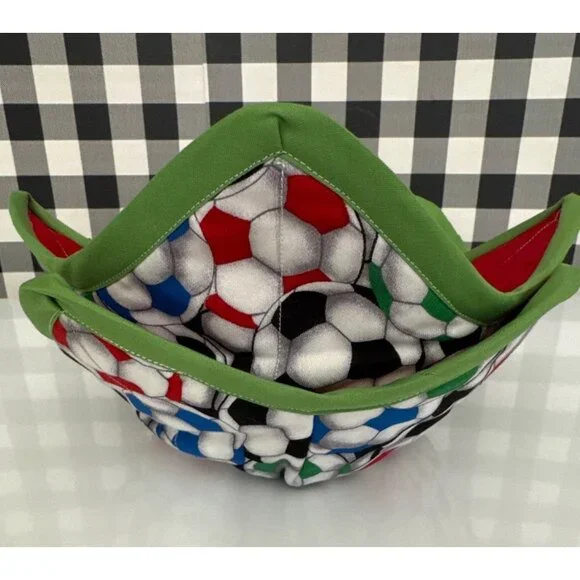 Handmade SOCCER BALLS Microwave Safe Bowl‎ Cozy Reversible Quilted Cozie Medium