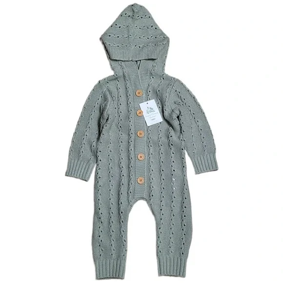 Mimixiong Baby Sweater Hooded Romper Baby Size 18-24 M Green‎ Button Front NWT